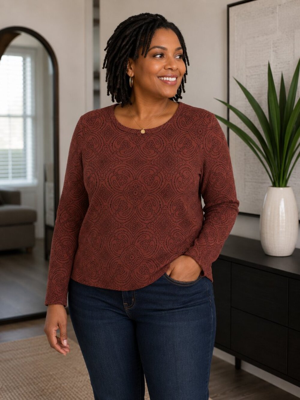 croft & barrow Women's Rust Brown Patterned Crewneck Sweater